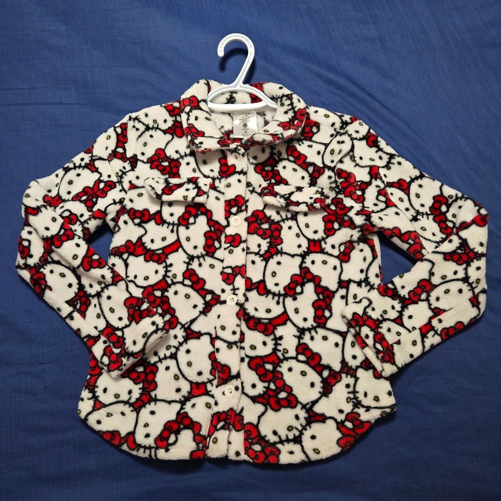 Hello Kitty Pajama Top Womens M White Good Fleece Button Up Long Sleeve Shirt